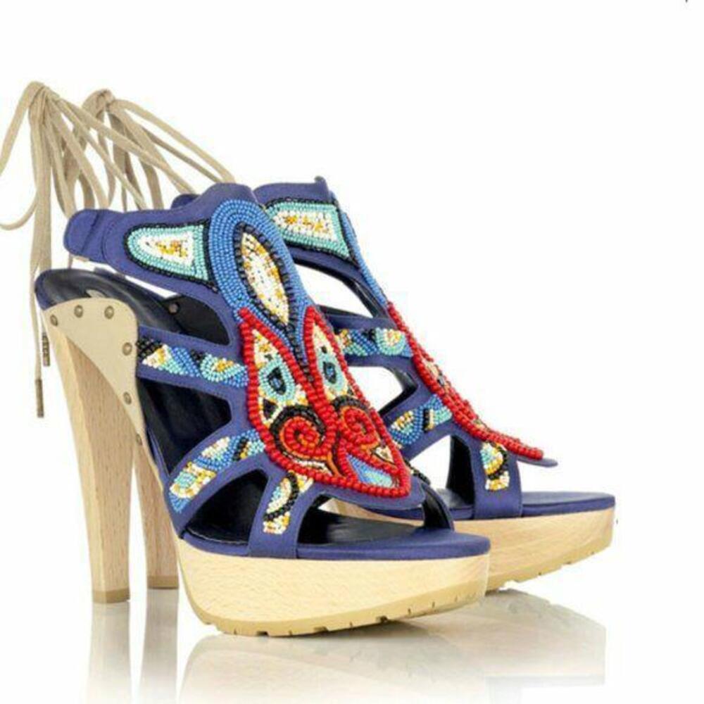 Stella McCartney Multi Color Beaded Blue Satin High Leg Lug Sole Sandal Sz 36.5